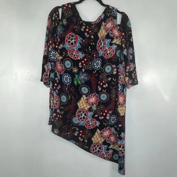 Slinky Brand Women Floral Asymmetric Blouse off the shoulders Crew neck Sz 1X - Picture 2 of 11